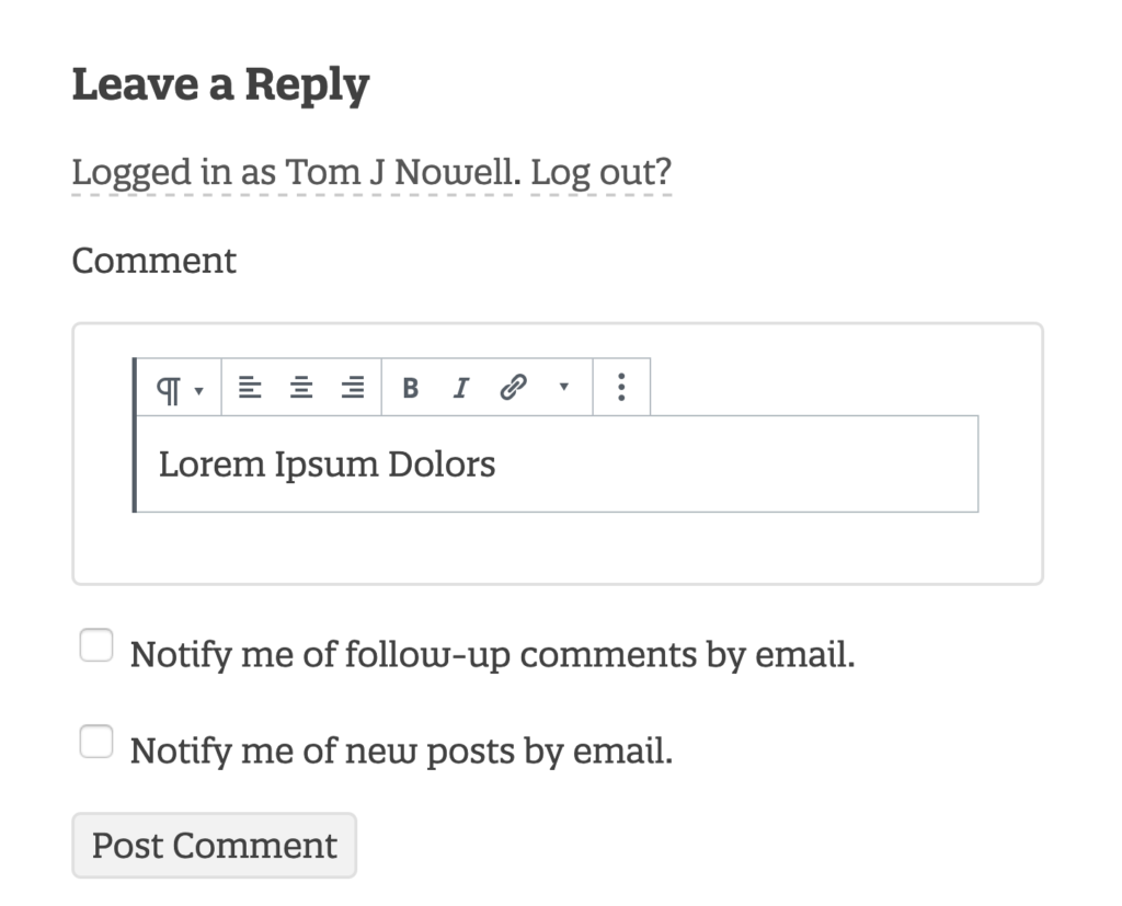 A screenshot of the comment form with a block editor based UI